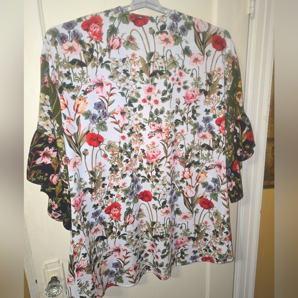 Umgee Floral Ruffle Sleeve  Long Duster Kimono Open Front  Multi-Color  Size M/L - Picture 8 of 12